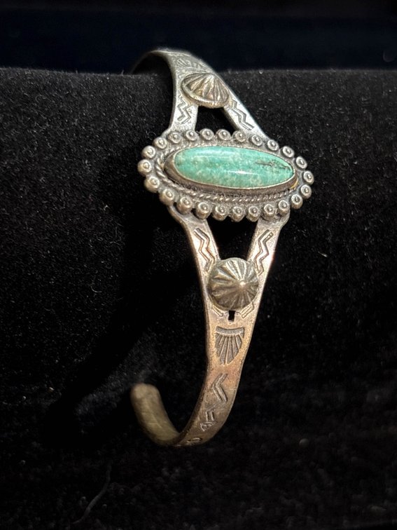 Sterling Silver Cuff Bracelet with Turquoise Stone and Engraved Details
