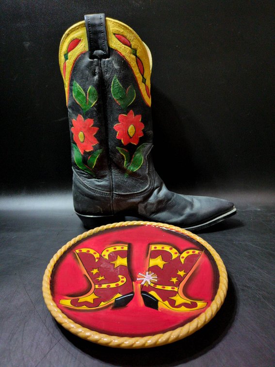 Black Leather Cowboy Boot with Floral Embroidery and Clay Art Plate