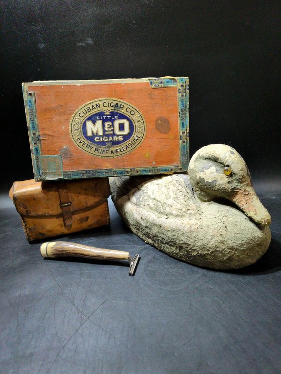 A Duck Decoy, Cuban Cigar Box, Leather Case, and Antler-Handled Razor
