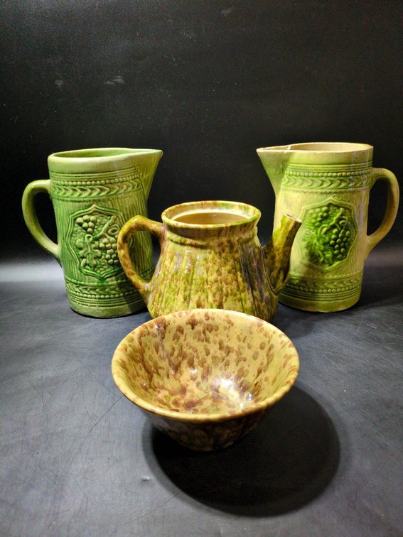 Green and Brown Ceramic Set, Pitchers and Bowl