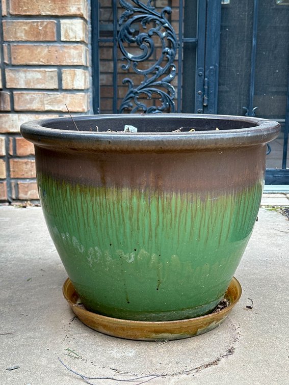 Green and Brown Ceramic Planter with Saucer, 15”x19”