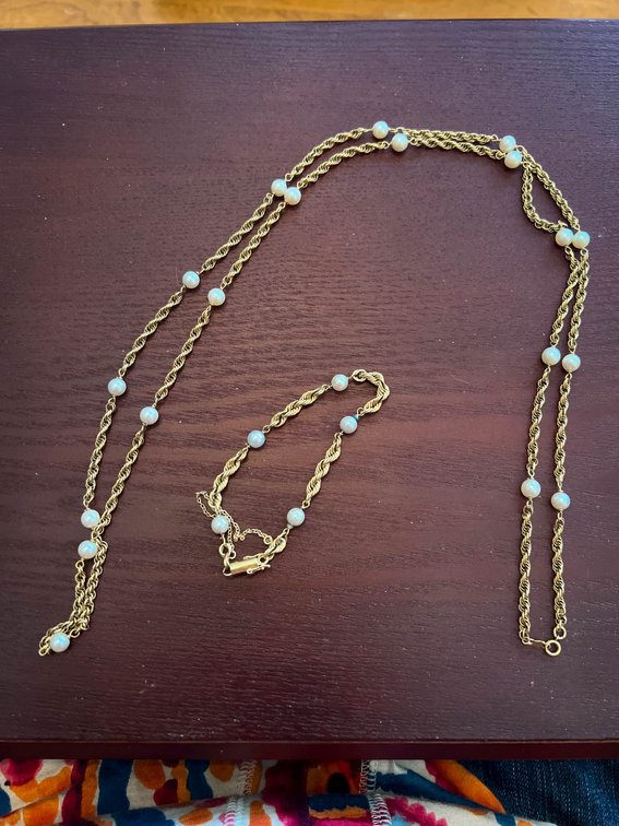14K Gold and Pearl 36" Necklace with Bracelet, 28.4 Grams