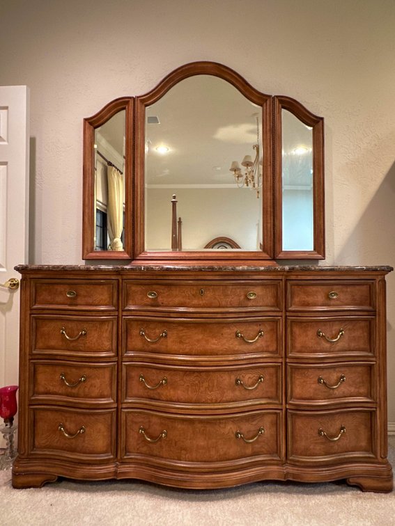 Wooden Dresser and Mirror Set with Marble Top