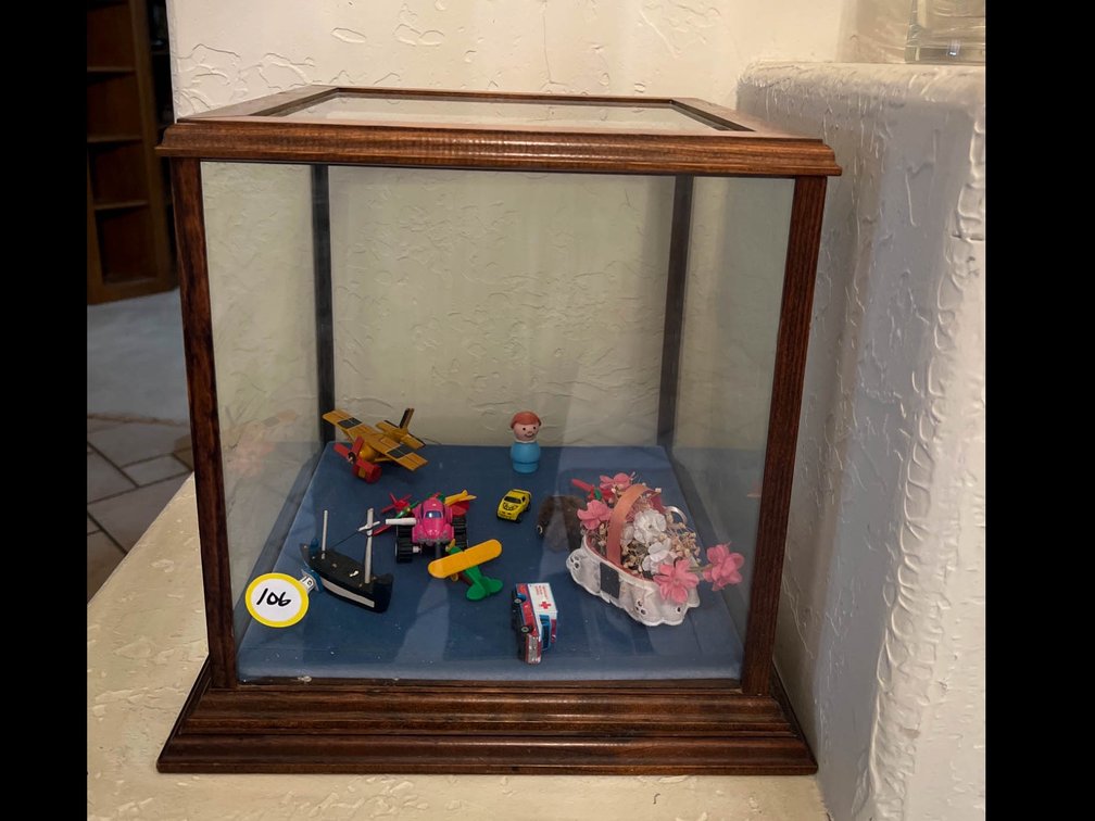 Wood-Framed Glass Display Case With Assorted Miniature Items