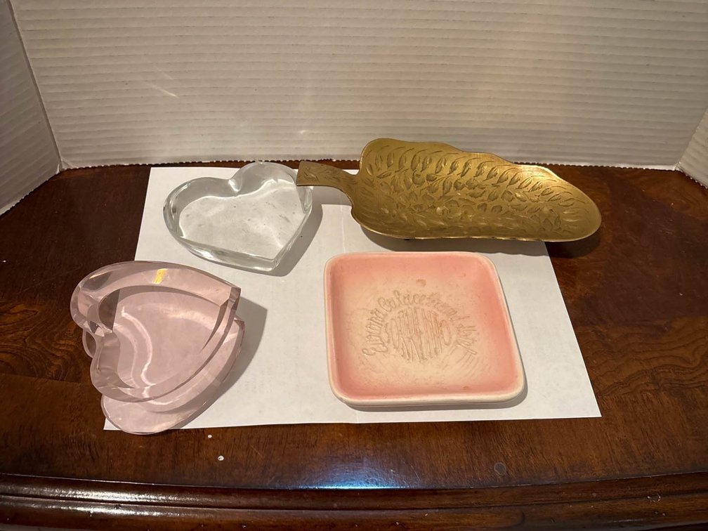 Glass Paperweights, Brass etched Trinket Dish, and Ceramic Tray