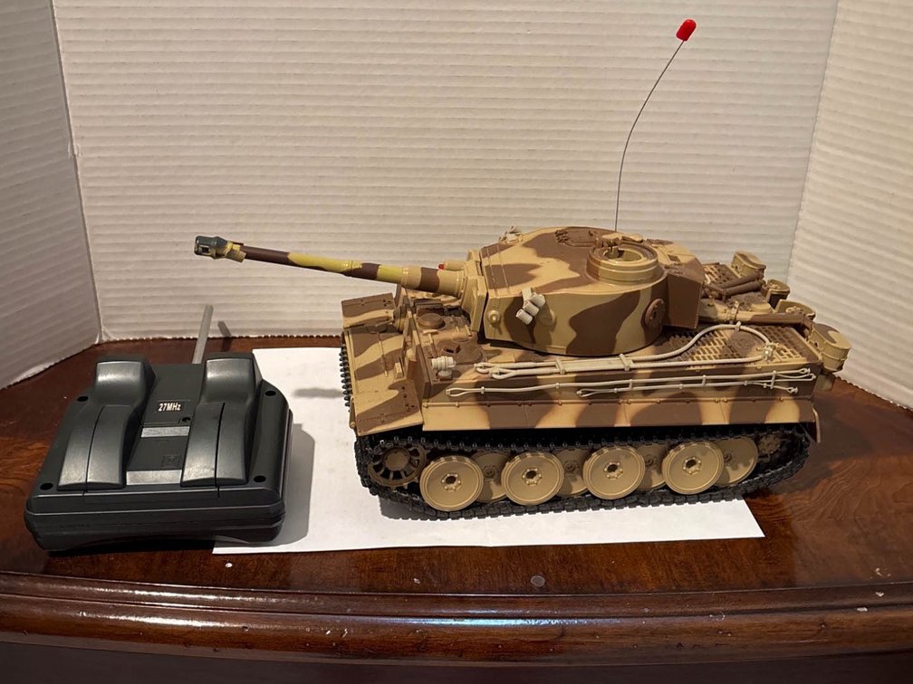 Radio-Controlled Model Tank with Controller in Camouflage Design