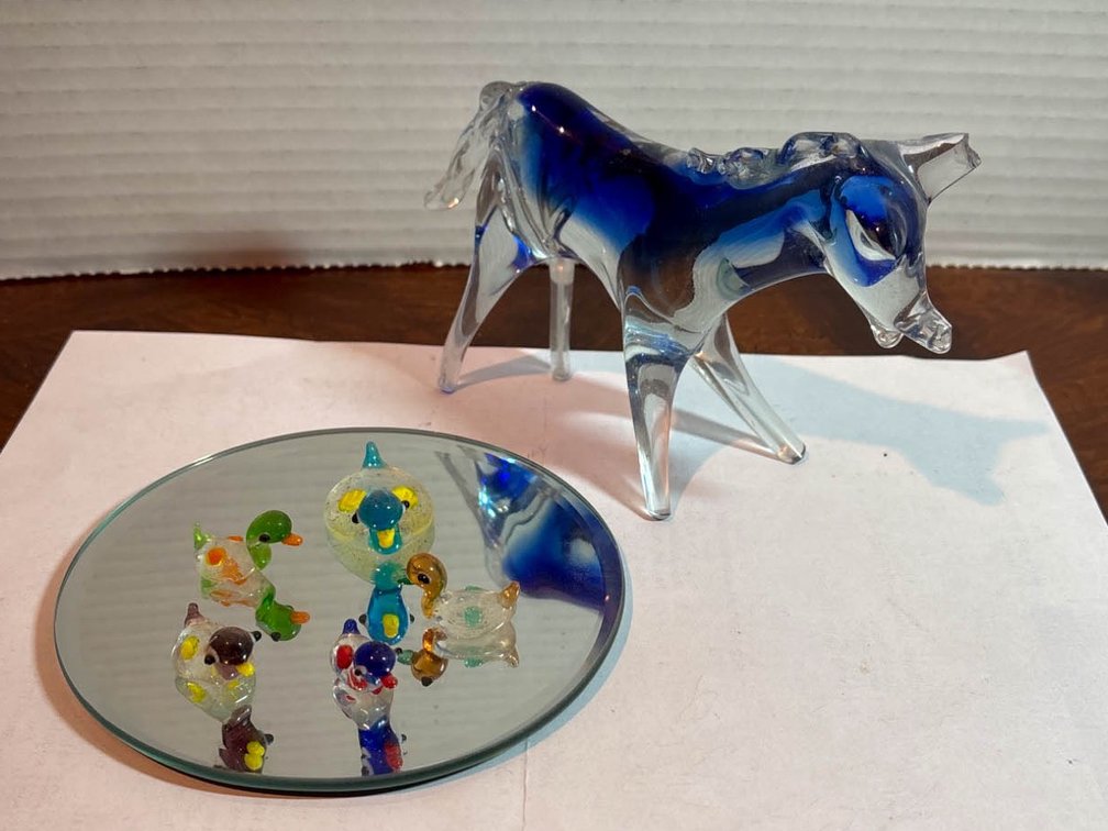 Glass Figurines Including Horse and Ducks on Mirrored Base