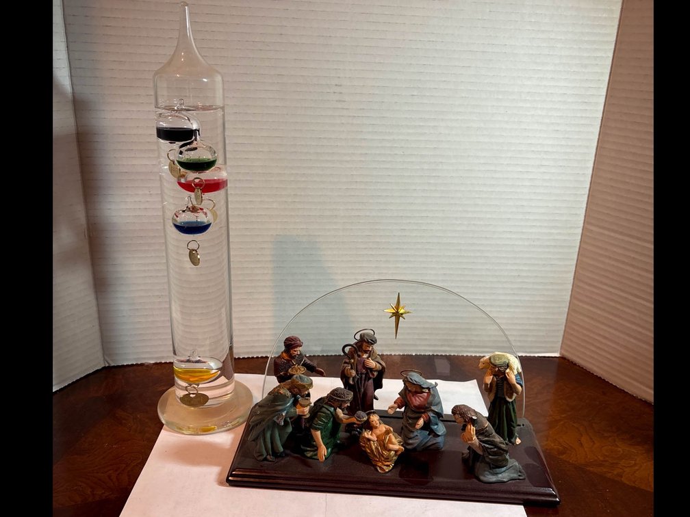 Galileo Thermometer and Hand-Painted Nativity Scene with Wooden Base