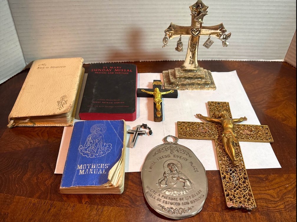Religious Collection With Crucifixes, Medals, and Prayer Books