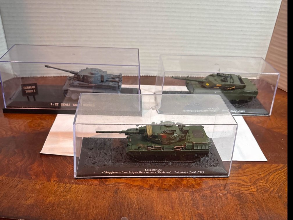 1:72 Scale Die-Cast Tank Models in Display Cases