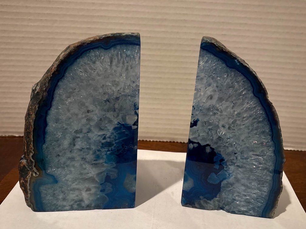 Polished Blue Agate Geode Bookends With Natural Crystal Pattern