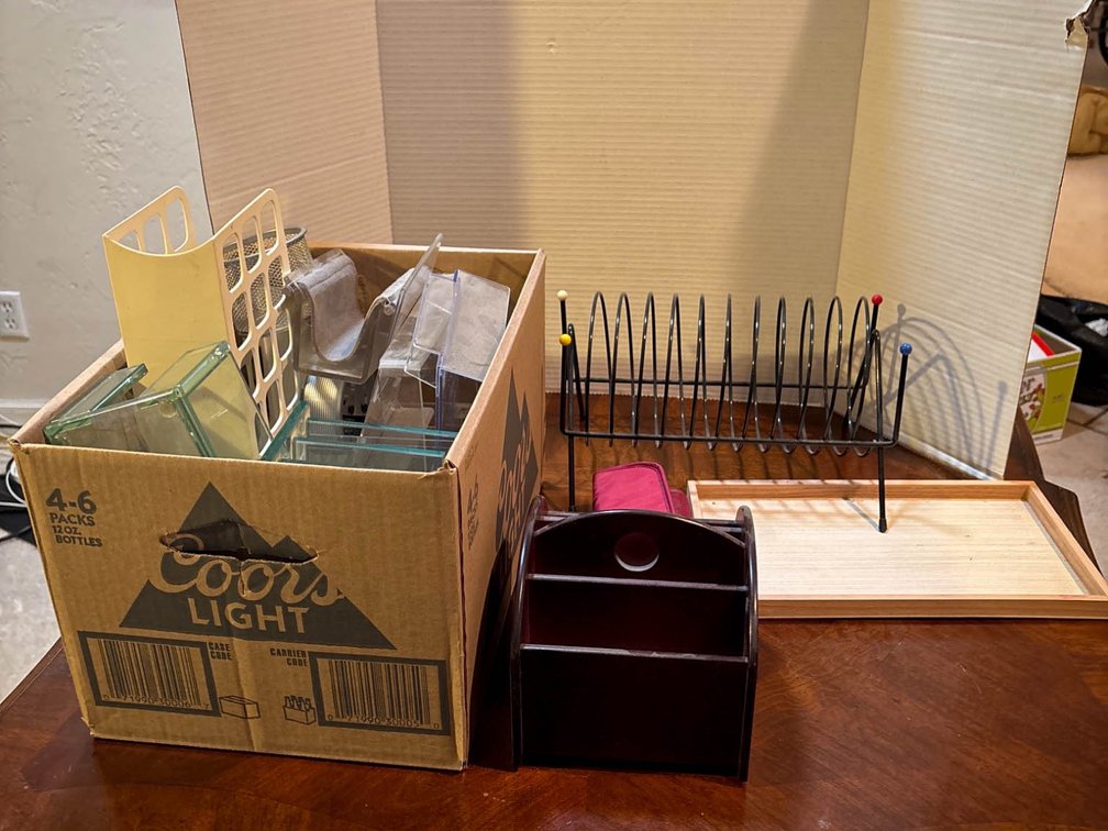 Household Items Including Organizer, Dish Rack, and Bottles
