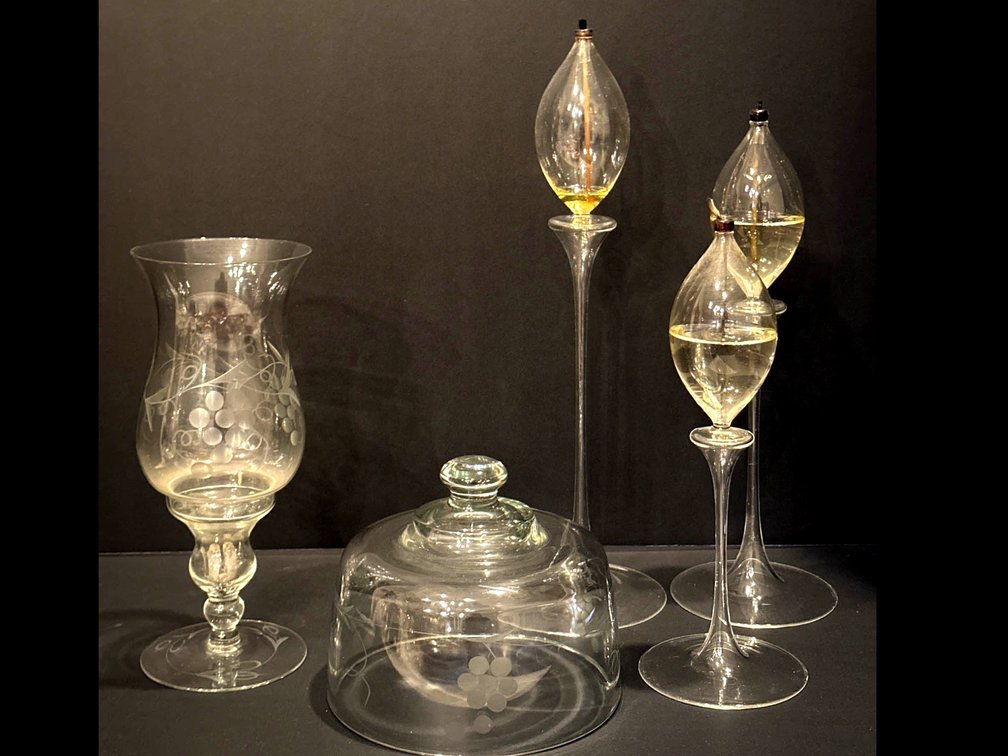 Etched Glass Hurricane Lamp, Cloches, and Oil Lamps on Stands