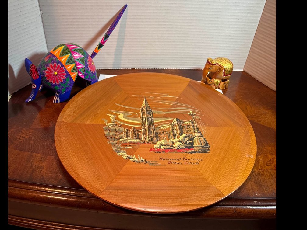 Wooden Plate Featuring Parliament Buildings in Ottawa with Painted Decorations