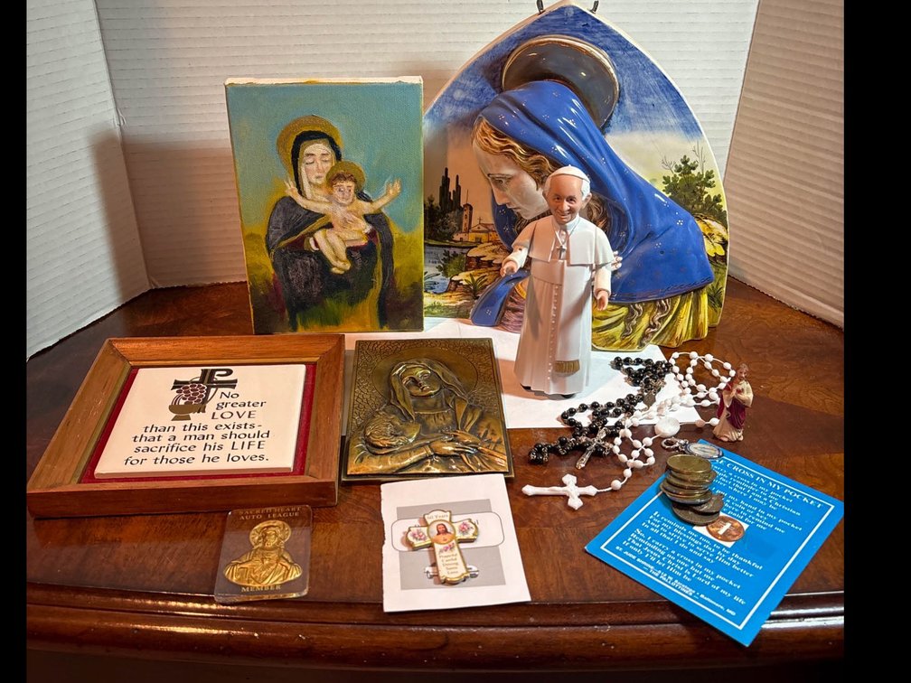 Religious Catholic Figurines, Plaques, and Rosary Set