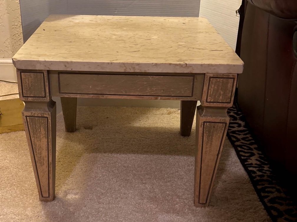 Square Marble-Top End Table with Distressed Wood Frame