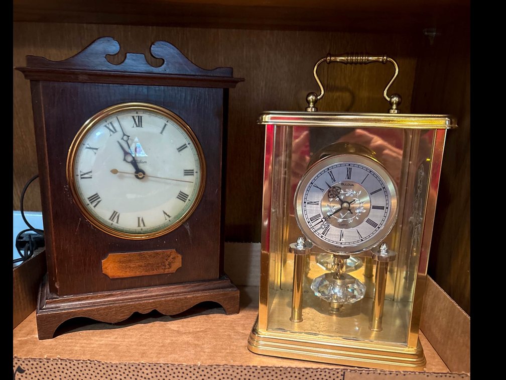 Wooden Mantel Clock and Bulova Glass Carriage Clock Set