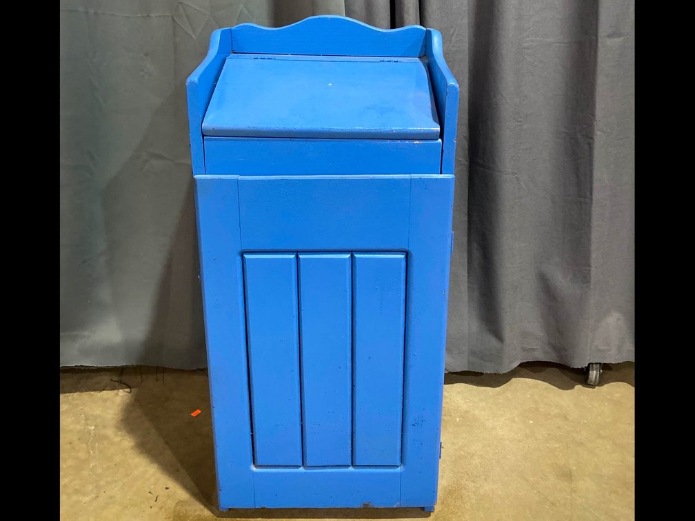 Blue Wooden Trash Bin Cabinet, 35” X 17”