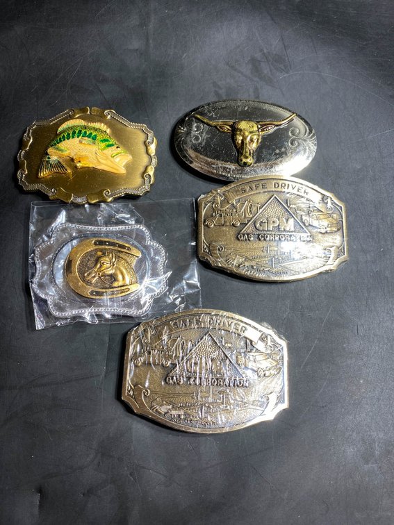 Lot of Five Metal Belt Buckles in Various Designs