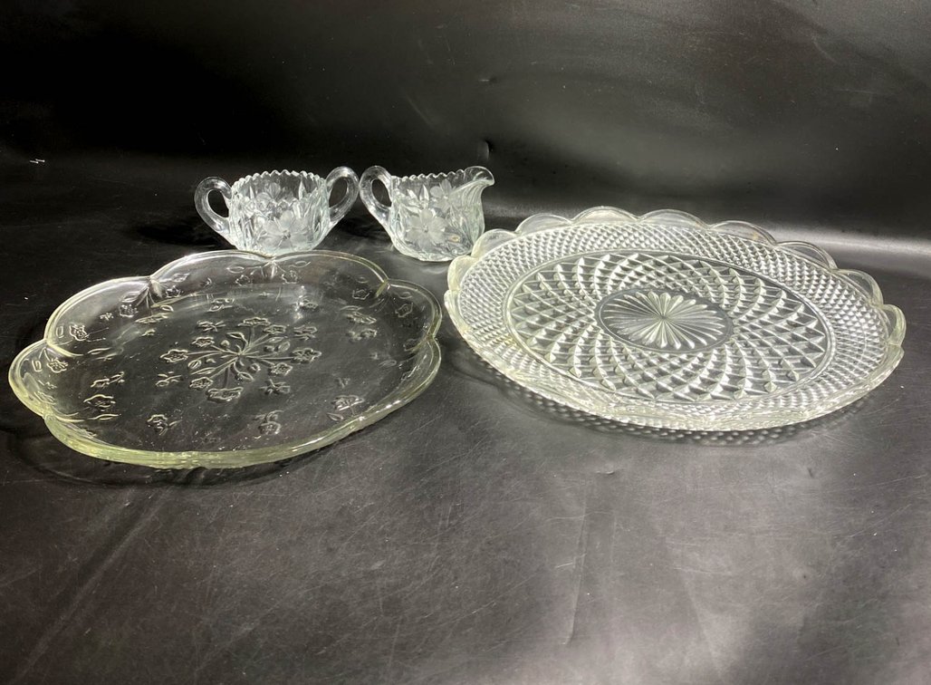 Set of Clear Glass Serving Pieces with Floral Designs