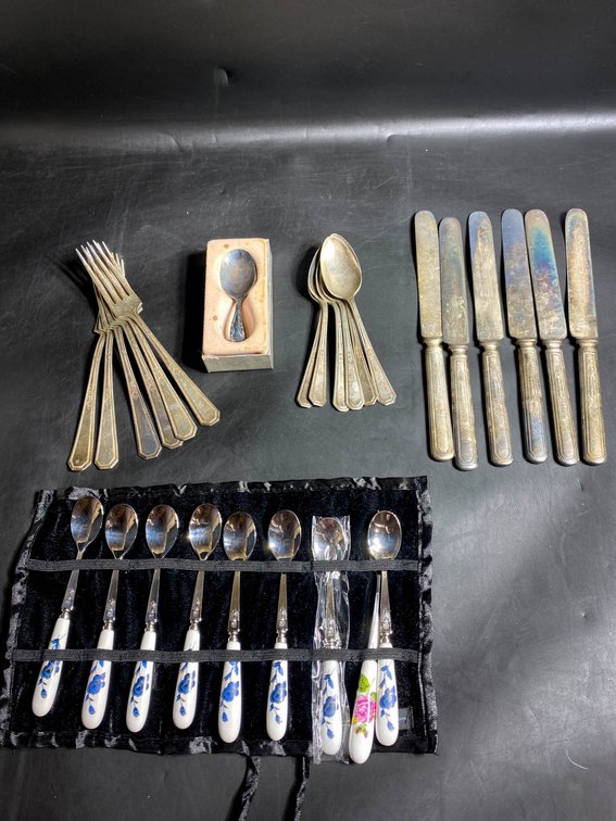 Collection of Mixed Flatware and Porcelain-Handled Spoons