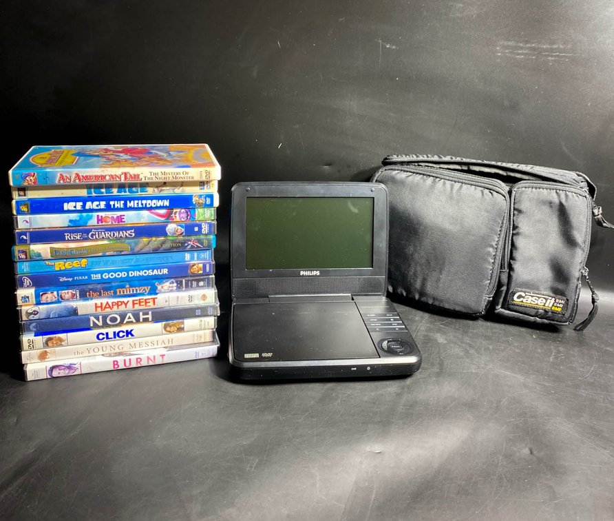 Portable Philips DVD Player with Carry Bag and 13 DVDs