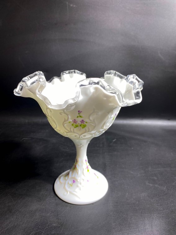 Hand-Painted Milk Glass Compote with Ruffled Edge