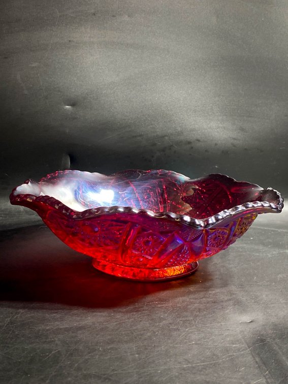 Red Carnival Glass Bowl with Ruffled Edge