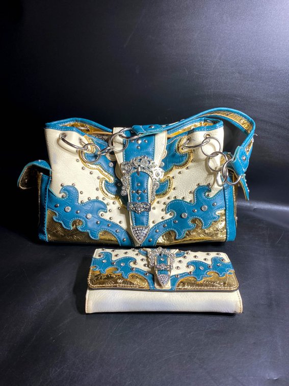 Leather Handbag and Wallet Set with Embellished Design