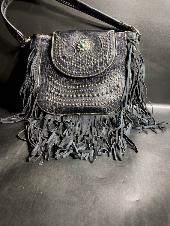 Black Faux Leather Fringe Crossbody Bag