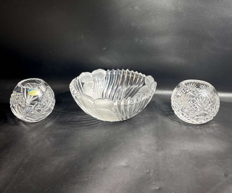 Polish Lead Crystal Bowl and Two Spherical Vases