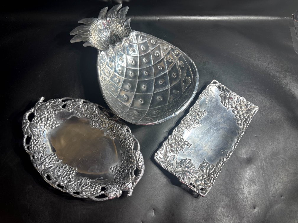 3 Arthur Court Aluminum Serveware Pieces with Grape and Pineapple Motifs
