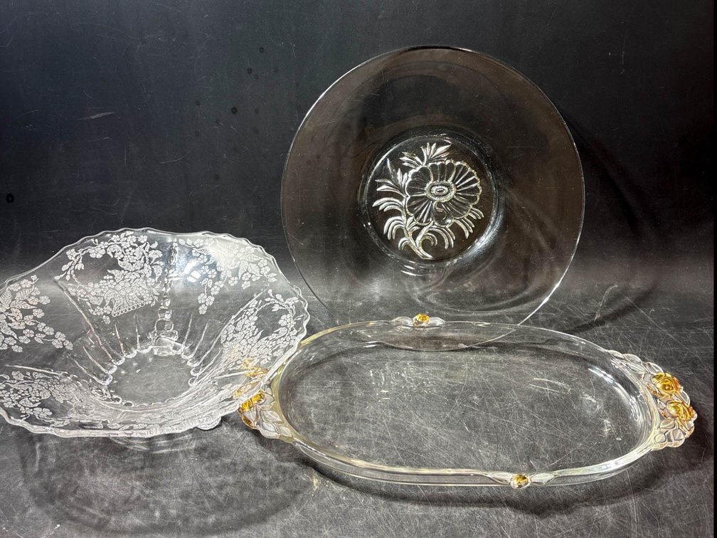 Three Clear Glass Pieces with Floral Etchings and Embellishments