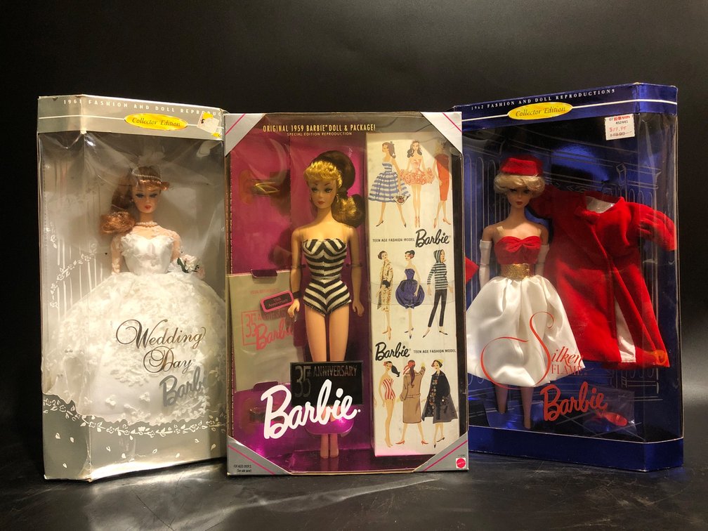 Three Collectible Barbie Dolls: Original 1959, Wedding Day, and Silken Flame