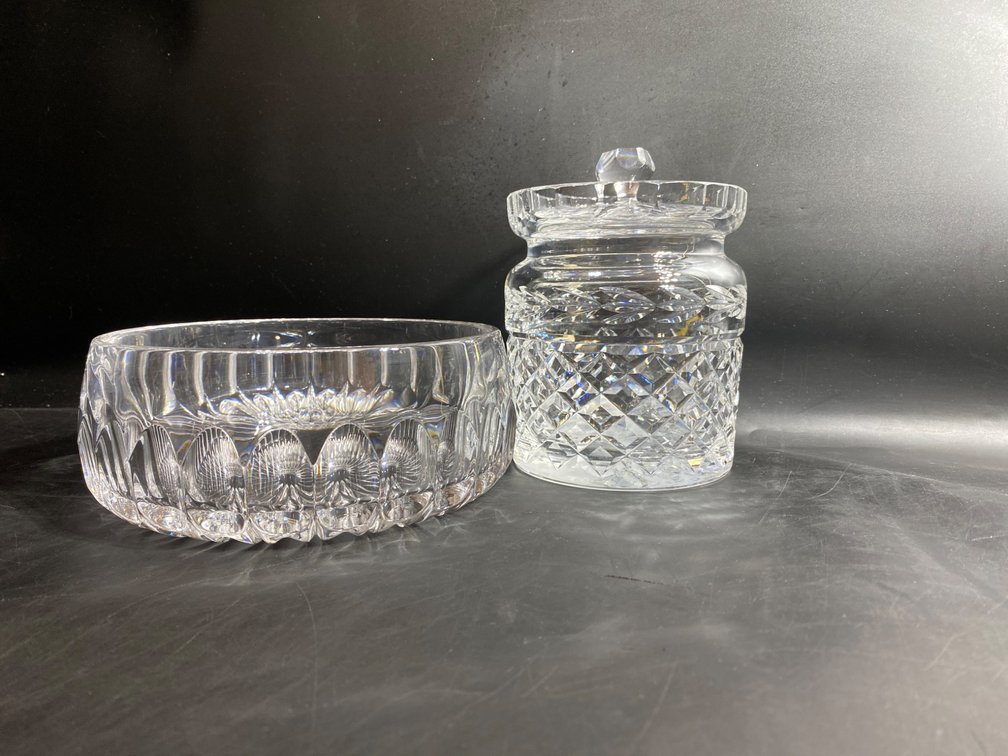 Crystal Bowl and Lidded Jar Set with Geometric Designs