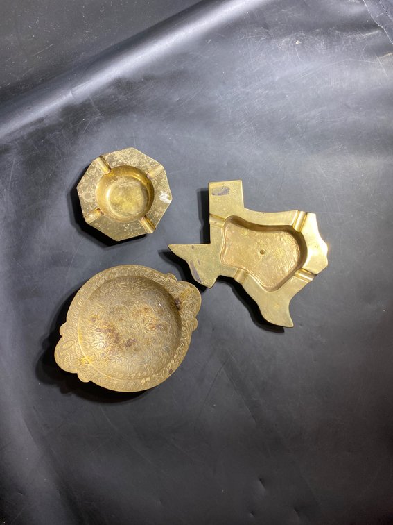 3 Brass Ashtrays Including Texas-Shaped Piece