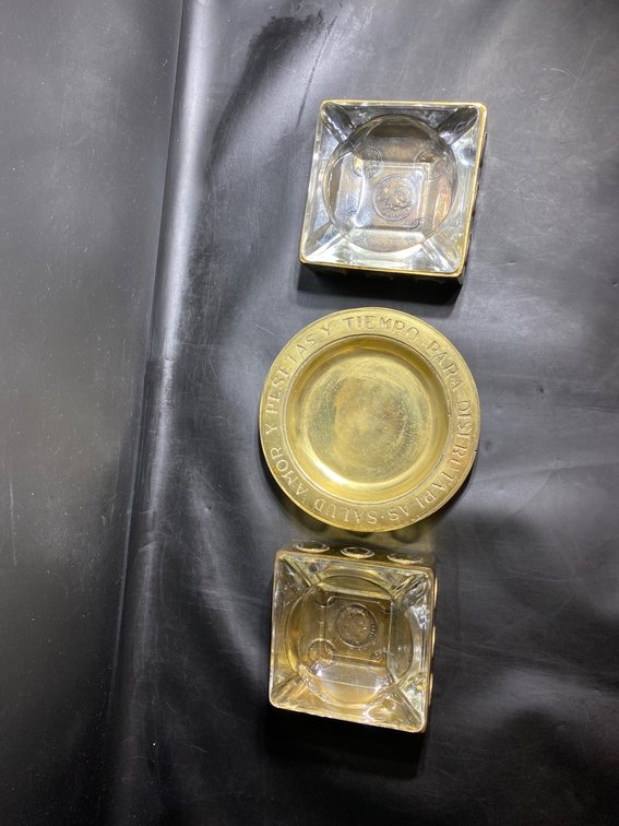 Brass and Glass Coin-Decorated Ashtrays and Plate