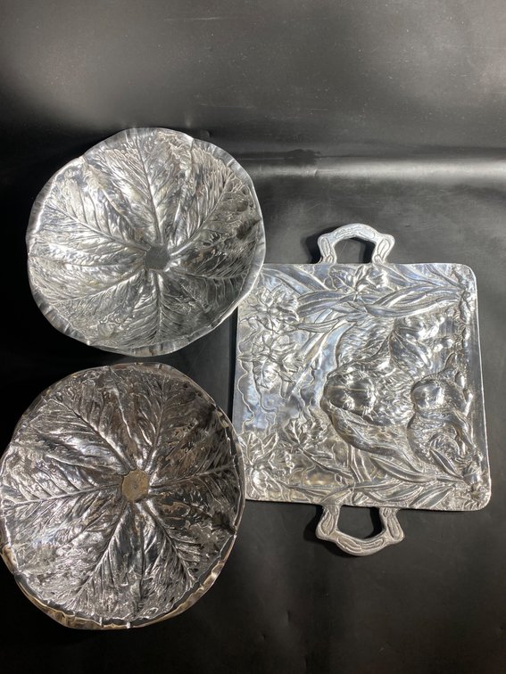 Silver-Toned Serving Tray With Rabbit Design and Two Leaf-Patterned Bowls
