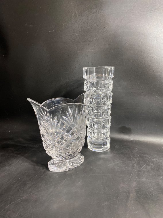 Two Clear Crystal Vases with Cut Glass Designs