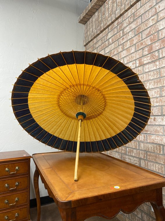 Large Yellow and Black Paper Parasol with Wooden Handle