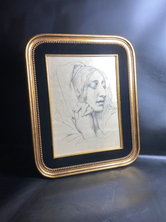 Framed Pencil Drawing of a Woman’s Portrait with Ornate Gold Frame