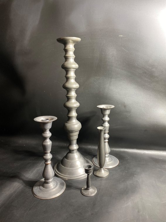 Five Pewter Candlesticks in Varied Sizes and Styles