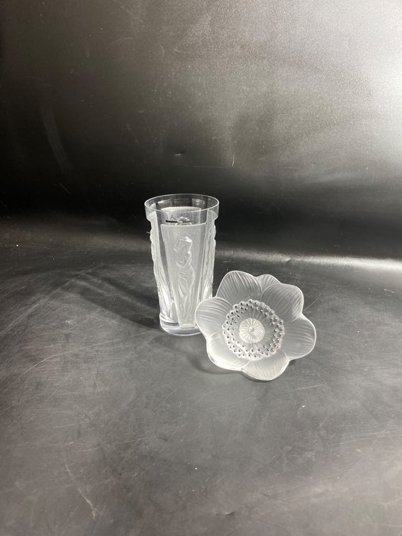 Lalique Glass Tumbler and Frosted Glass Flower, Signed
