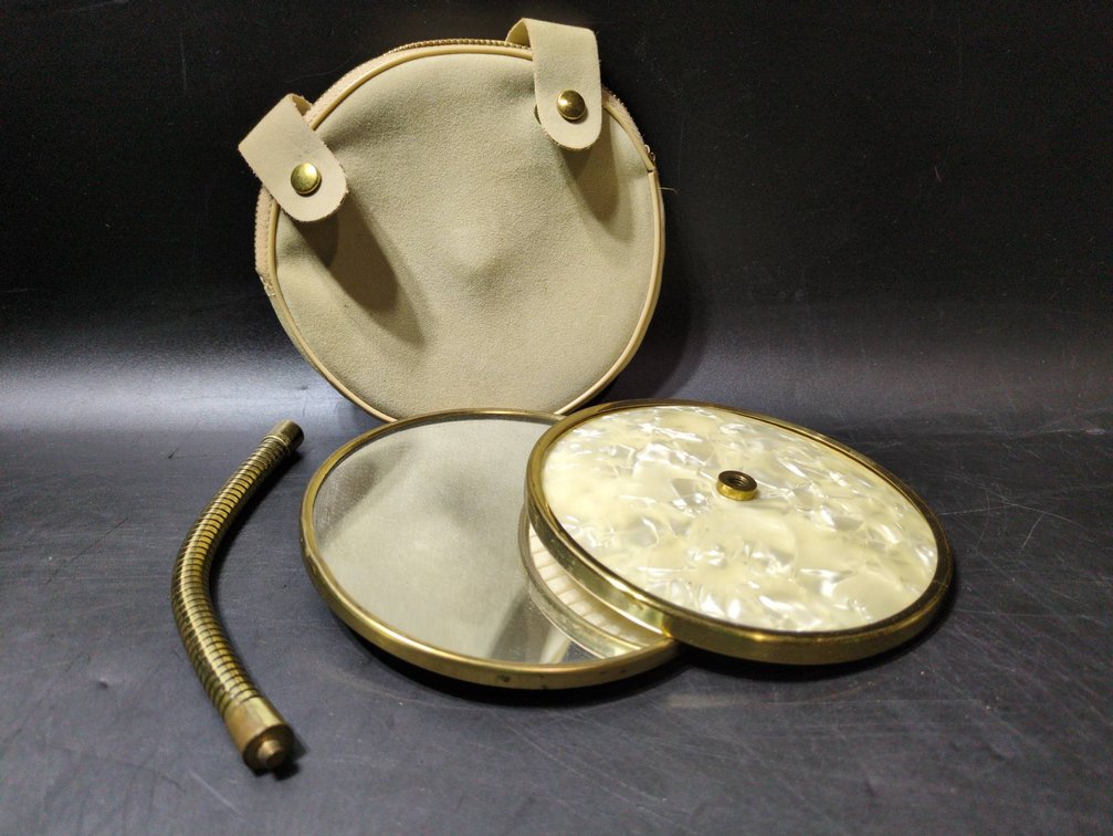 Compact Folding Table Mirror With Suede Case and Metal Handle