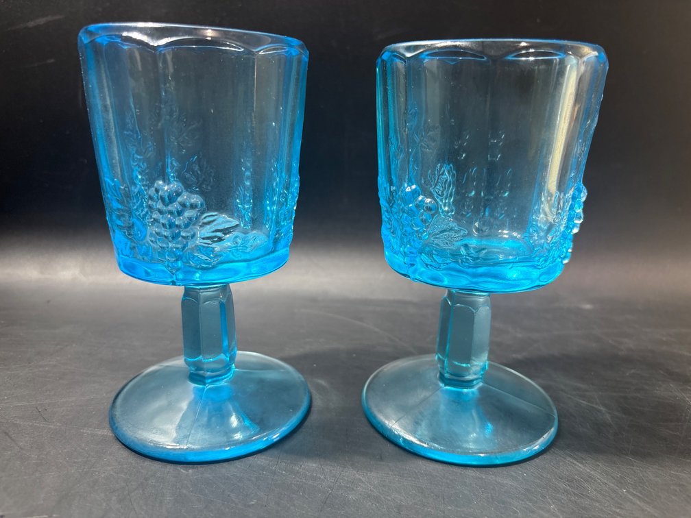 Uranium Glass Blue Goblets with Floral Design