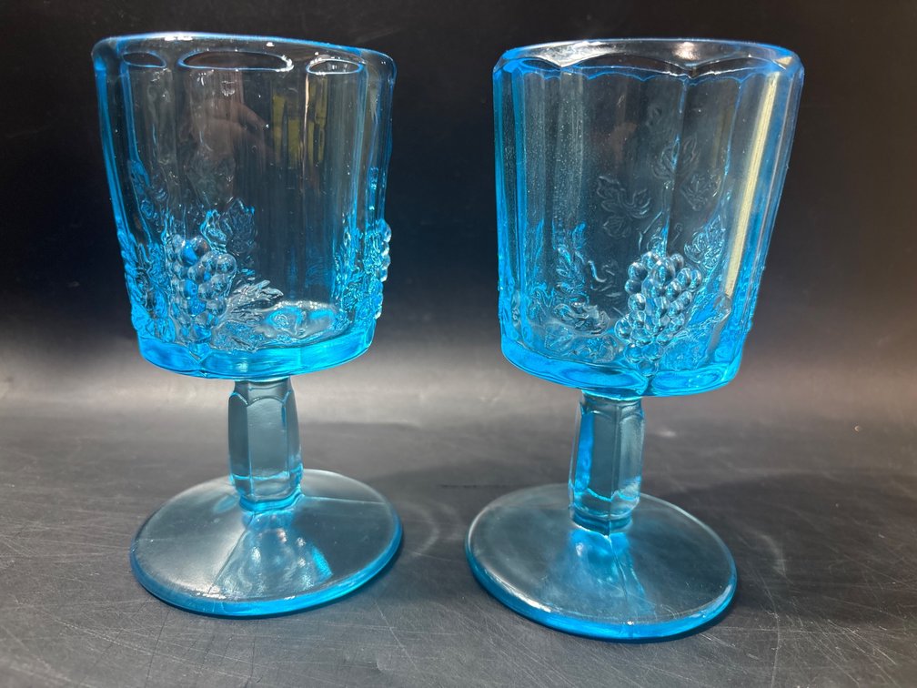 Blue Depression Glass Goblets with Embossed Grape Motif