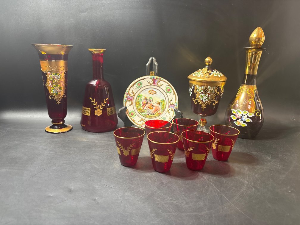 Hand-Painted Ruby Glassware and Ceramic Plate