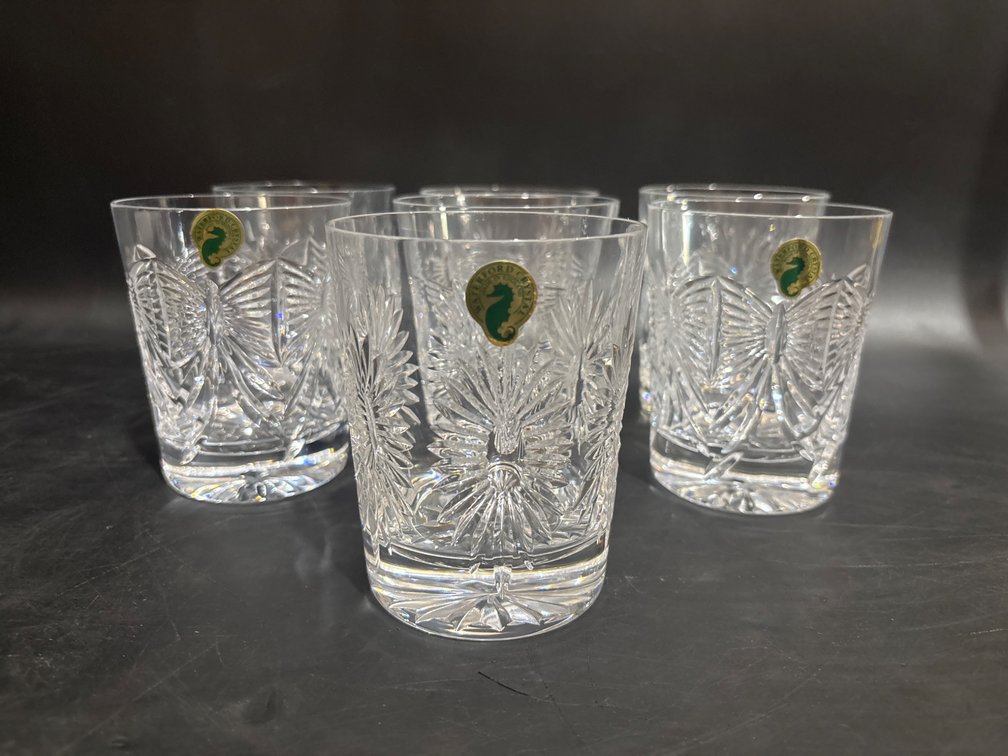 6 Waterford Crystal Old Fashioned Glasses with Seahorse Stickers
