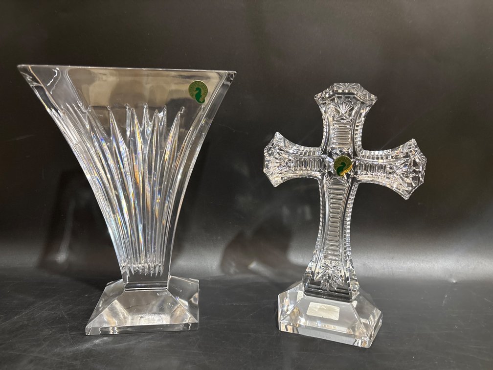 Signed Waterford Crystal Vase and Cross Set