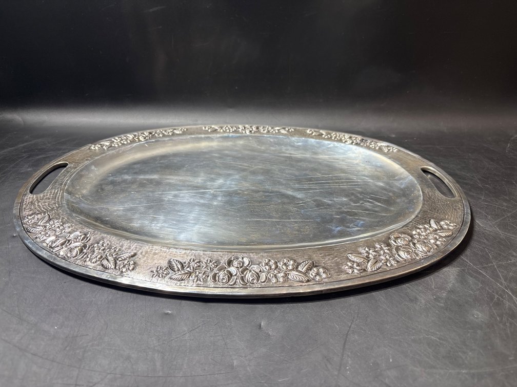 Maciel Mexican Sterling Silver Oval Serving Tray with Floral Border